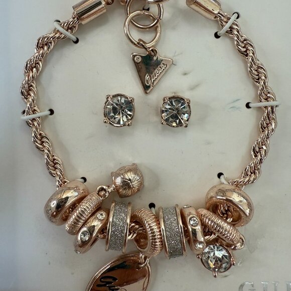 Guess Rose Gold-Tone Link Charm Bracelet & Crystal Stud Earrings Set With Gift B - Picture 5 of 9